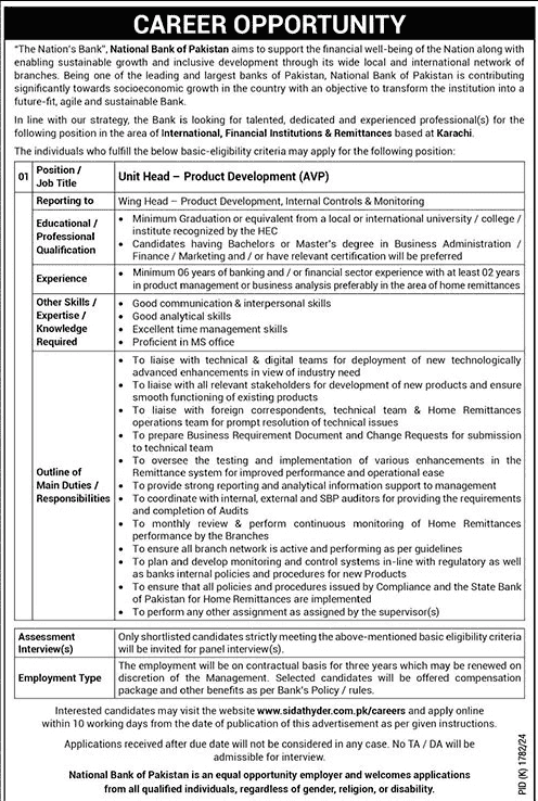 National Bank Of Pakistan Karachi Job Advertisment.